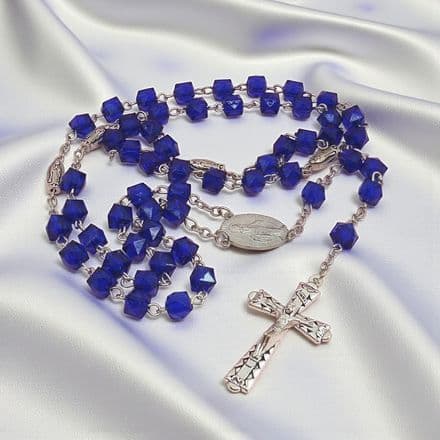 Dark Blue, Crystal Cube Rosary Beads with Crucifix and Mary Centrepiece