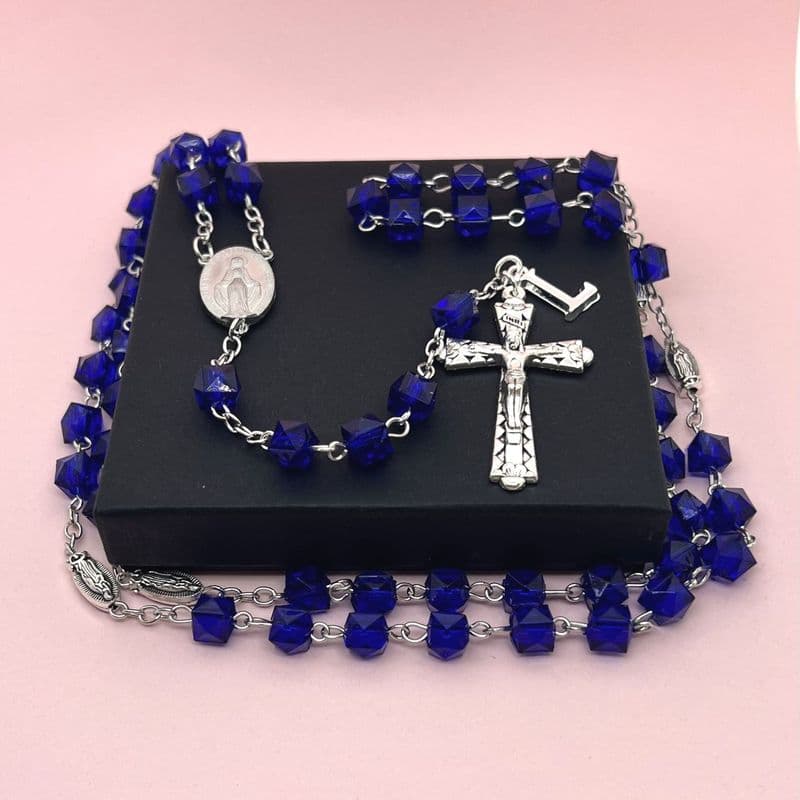 Dark Blue, Crystal Cube Rosary Beads with Letter Charm and Mary Centrepiece | Heavens Blessings