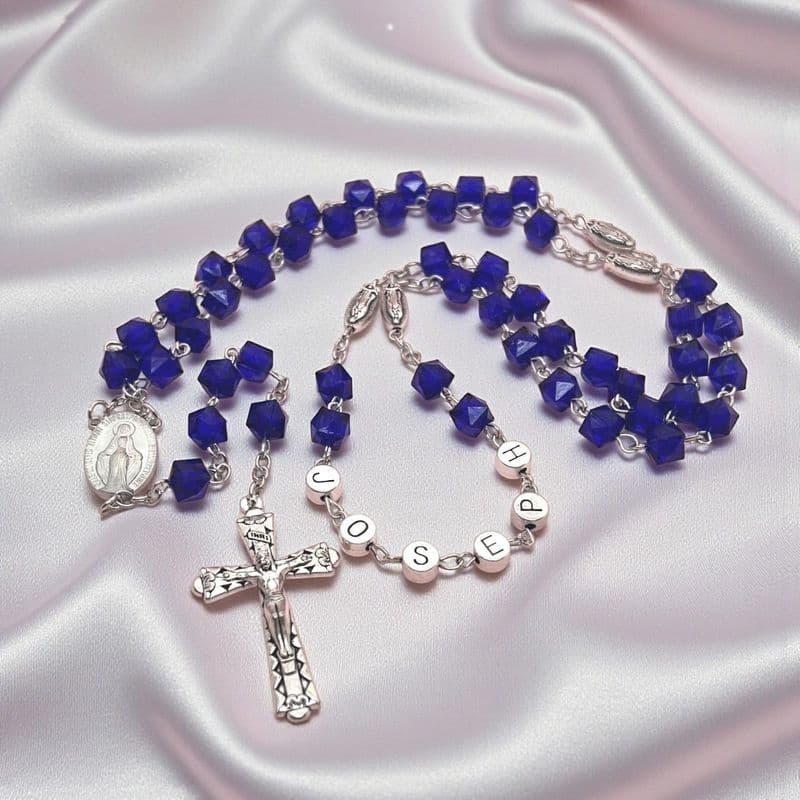 Dark Blue Rosary Beads, Personalised with Any Name, Mary Centrepiece | Heavens Blessings