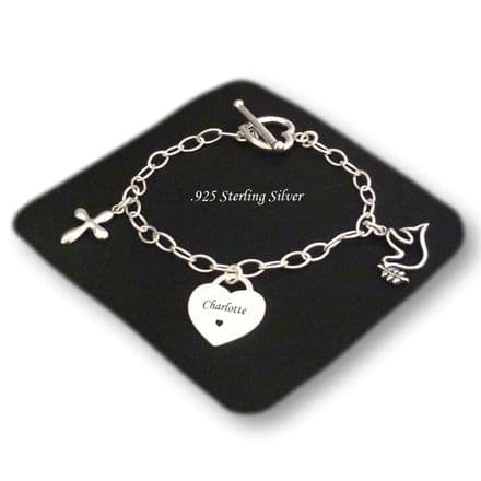 Engraved Catholic Bracelet, Dove, Cross, Heart