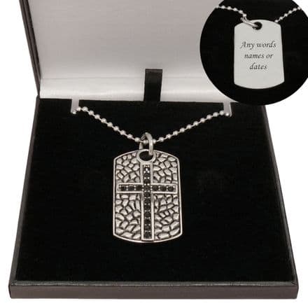 Engraved Dog Tag Necklace with Cross, Personalised Gift for Men or Boys
