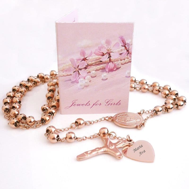 Engraved Rose Gold Steel Rosary Beads, Personalised Gift, Rosary Necklace | Heaven's Blessings