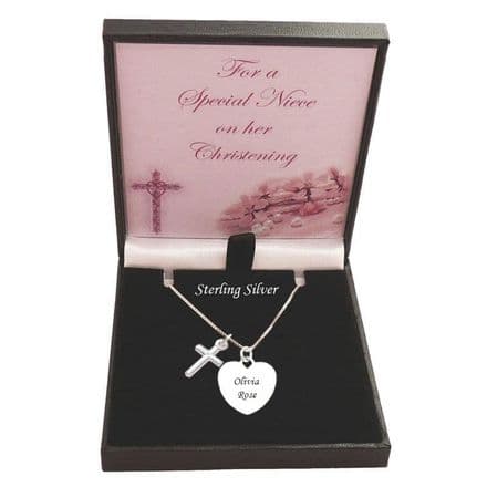 Engraved Silver Heart and Cross Christening Day Gift Necklace for a Girl