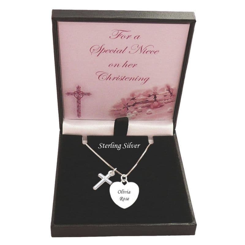Engraved Silver Heart and Cross Christening Day Gift Necklace for a Girl | Heavens Blessings