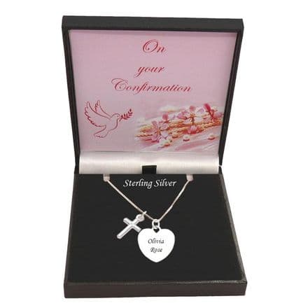 Engraved Silver Heart and Cross Confirmation Necklace, Gift for a Girl