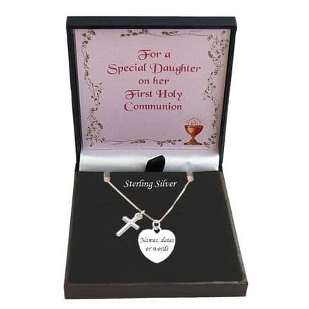 Engraved Silver Heart and Cross First Holy Communion Day Gift Necklace for a Girl