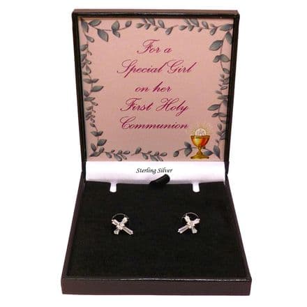 First Holy Communion, 925 Sterling Silver Baguette style, Crystal Cross Stud Earrings