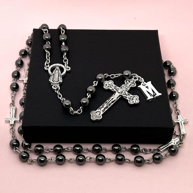First Holy Communion, Boys 6mm Rosary Beads with Letter Charm, Hematite  | Heavens Blessings