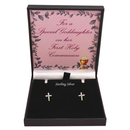 First Holy Communion Gift, .925 Sterling Silver and CZ Crystal Cross Stud Earrings