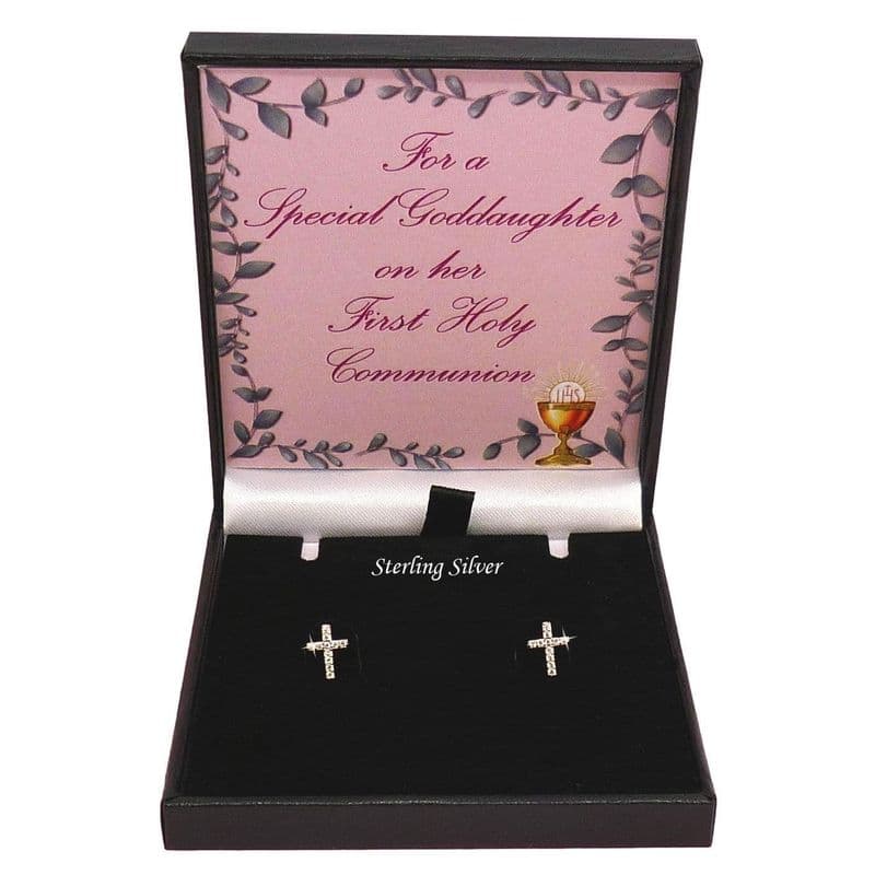 First Holy Communion Gift, .925 Sterling Silver and CZ Crystal Cross Stud Earrings | Heavens Blessings