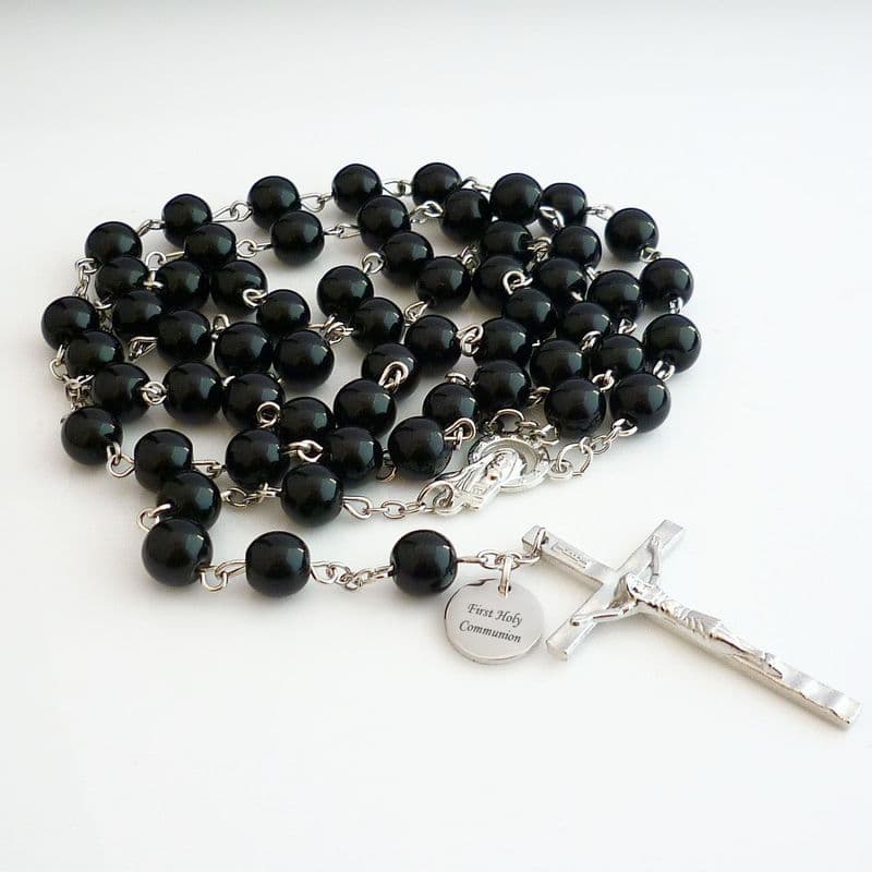 First Holy Communion Gift, Personalised Black Rosary Beads with Engraving | Heavens Blessings