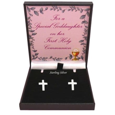 Gift for First Holy Communion Day, 925 Sterling Silver Stud Cross Earrings