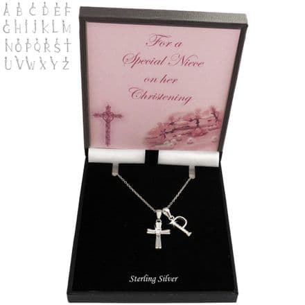 Gift For Girl's Christening Necklace with Sterling Silver Cross & Letter/Initial Pendants