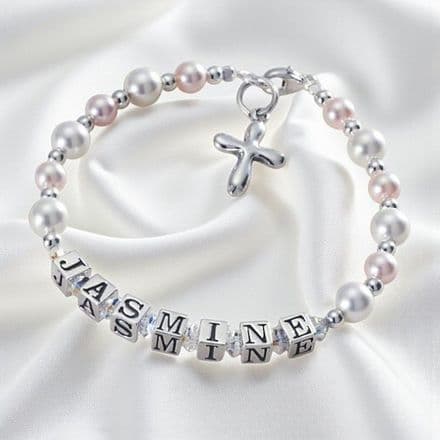Girls Name Bracelet with Pearls, 925 Silver and Rounded Cross Charm