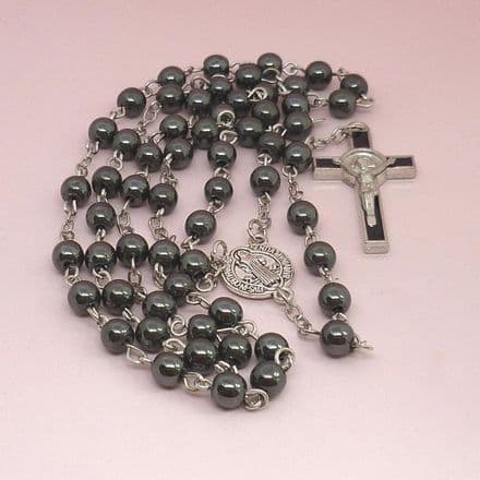 Hematite Rosary Beads with Saint Benedict Centrepiece and Crucifix Cross, Black, Grey