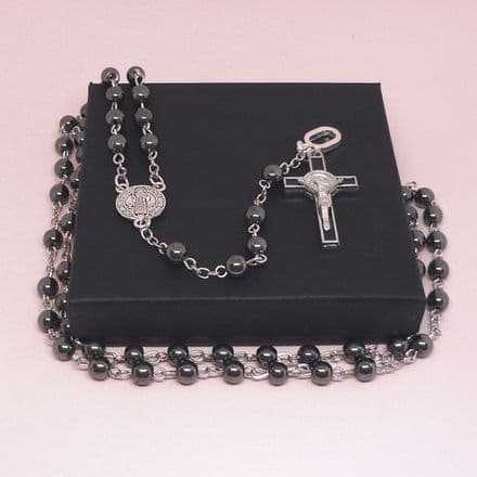 Hematite Rosary Beads with Saint Benedict Centrepiece and Letter Charm, Black, Grey