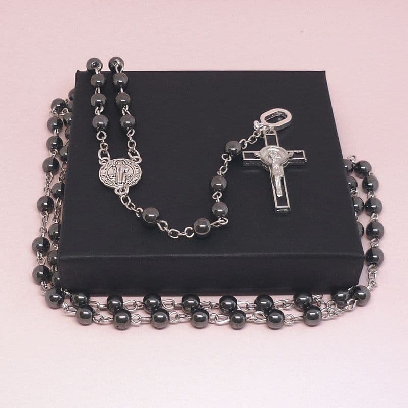 Hematite Rosary Beads with Saint Benedict Centrepiece and Letter Charm, Black, Grey | Heavens Blessings