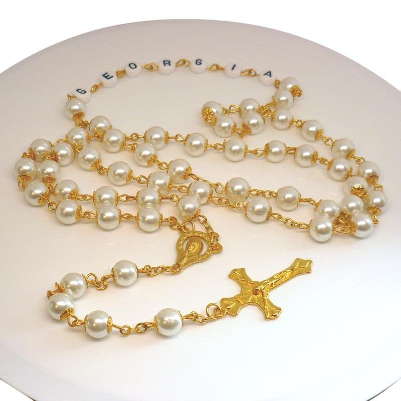 High Quality, Gold Plated and White Pearl Rosary Beads with Any Name | Heavens Blessings