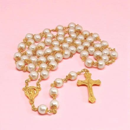 High Quality, Gold Plated and White Pearl Rosary Beads with Virgin Mary Centrepiece