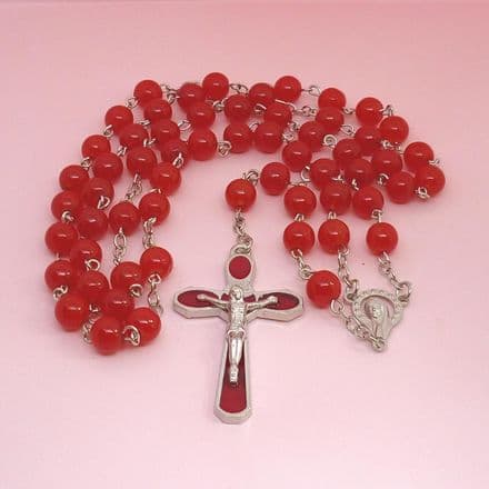 High Quality, Red Rosary Beads with Virgin Mary Centrepiece and 3D Crucifix Cross
