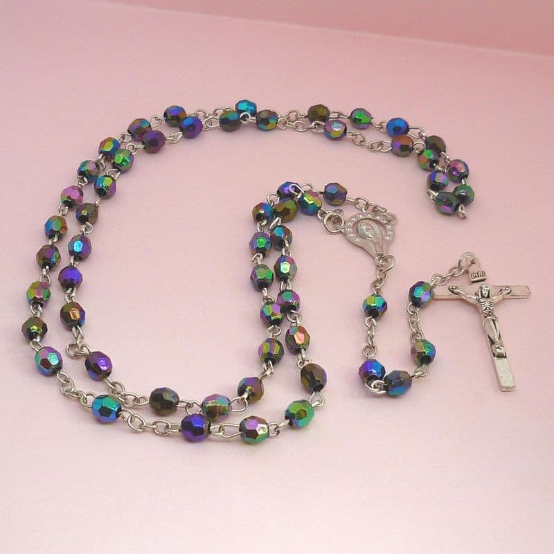 Iridescent Glass Rosary Beads with Virgin Mary Centrepiece and Crucifix Cross | Heavens Blessings