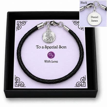 Leather Bracelet with St Christopher, Any Engraving for Boy or Man