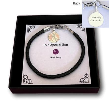 Leather Bracelet with St Christopher, Any Engraving for Boy or Man