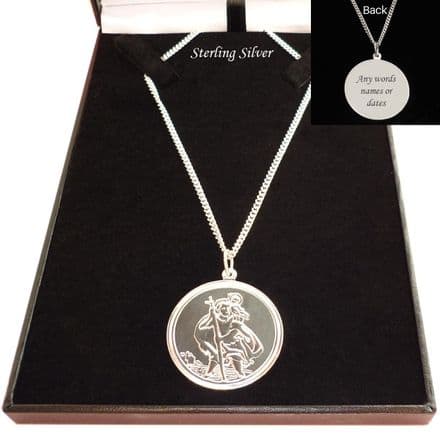 Luxury, 30mm Saint Christopher Necklace. 925 Sterling Silver, Personalised Engraved Gift