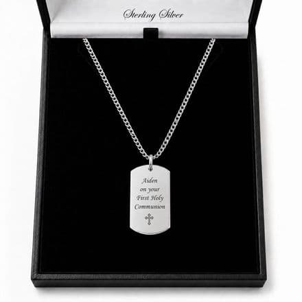 Luxury Engraved Sterling Silver Dogtag Necklace. Gift for First Holy Communion