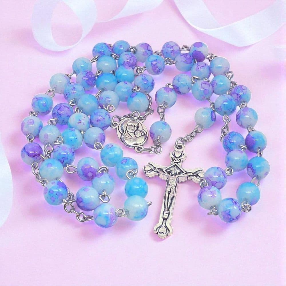 Marbled Pale Blue and Lilac Rosary Beads with Mother Mary and