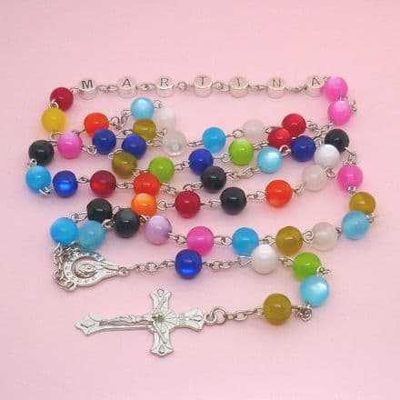 Multi-Coloured, Cats Eye, Any Name Rosary Beads with Crucifix Cross