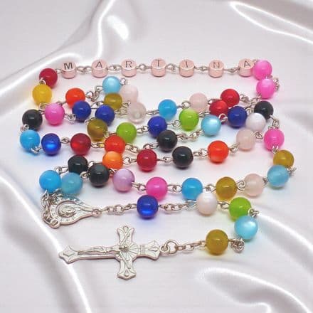 Multi-Coloured, Cats Eye, Any Name Rosary Beads with Crucifix Cross