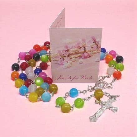 Multi-Coloured, Cats Eye Rosary Beads with Crucifix Cross and Virgin Mary Centrepiece