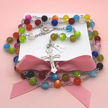 Multi-Coloured, Cats Eye Rosary Beads with Letter Charm