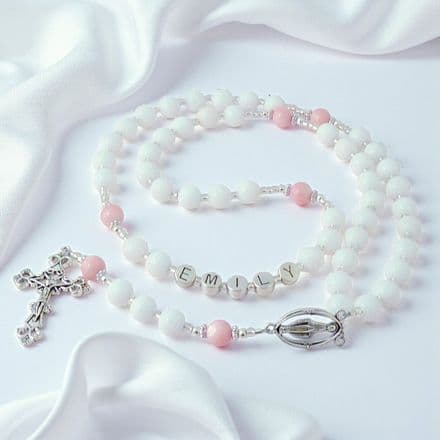 Name Rosary for Girls in White Jade and Pink Pearl
