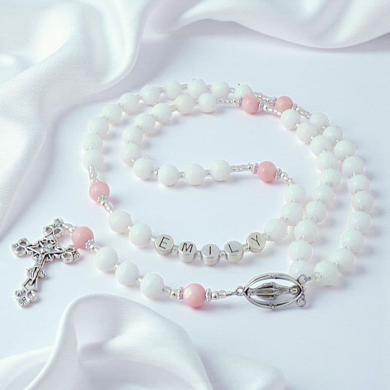 Name Rosary for Girls in White Jade and Pink Pearl | Heavens Blessings
