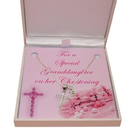 Necklace with Sterling Silver Cross & Tiny Letter/Initial, Gift For Girl's Christening