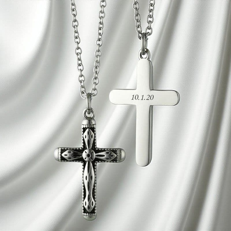 Ornate Cross and Chain Necklace with Engraving on the Back | Heavens Blessings
