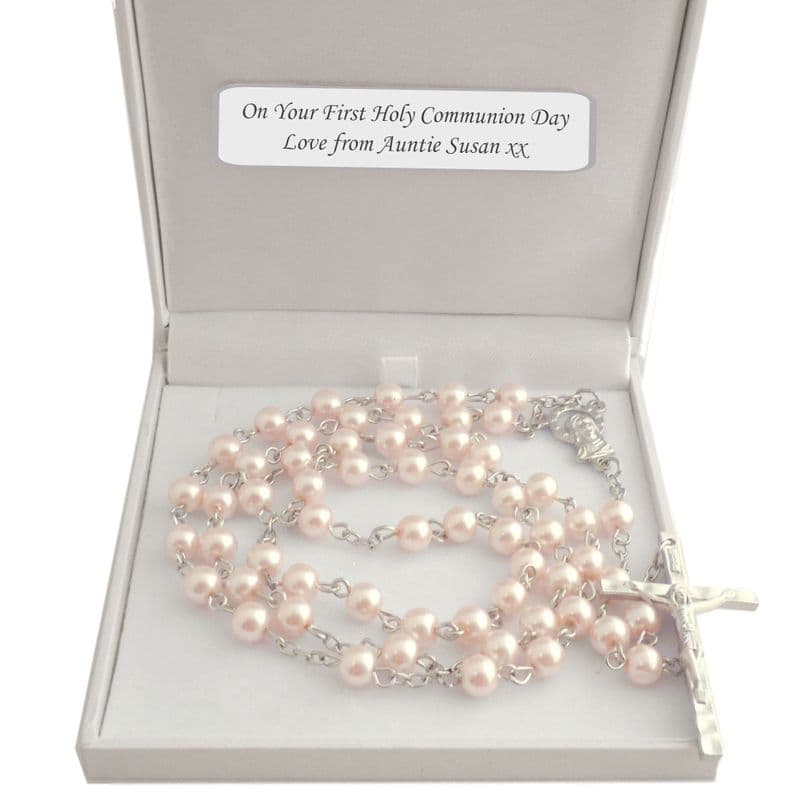 Pale Pink Rosary Beads in Personalised Gift Box | Heaven's Blessings