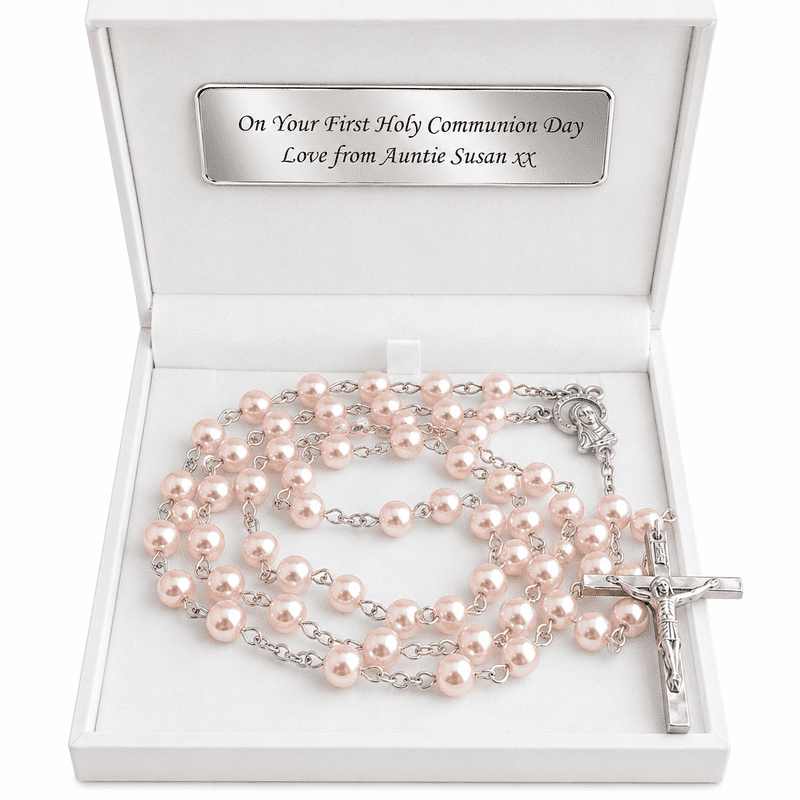 Pale Pink Rosary Beads in Personalised Gift Box | Heaven's Blessings