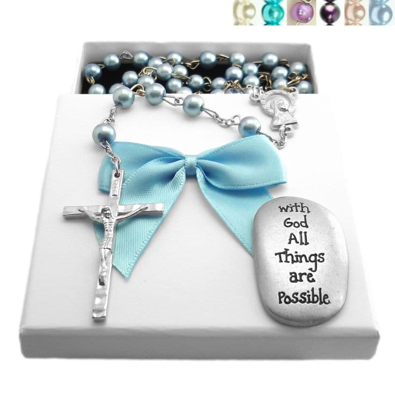 Pearl Rosary Bead Gift Set, for Boys or Girls with Thumbstone, Catholic | Heavens Blessings