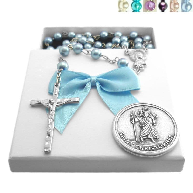 Pearl Rosary Beads Gift Set for Boys or Girls with St Christopher Pocket Token | Heavens Blessings