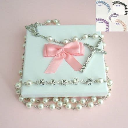 Pearl Rosary Beads with Name on Silver Letters