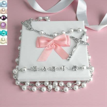 Pearl Rosary Beads with Name on Silver Letters
