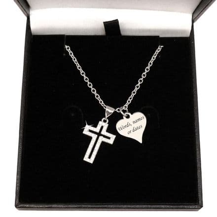 Personalised Cross Necklace, Crystals and Any Engraving on the Heart, Religious Necklace