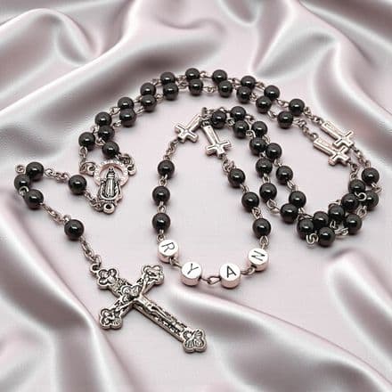 Personalised First Holy Communion, Boys 6mm Rosary Beads, Hematite