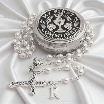 Personalised, First Holy Communion Rosary, Pearls, Chalice & Letter