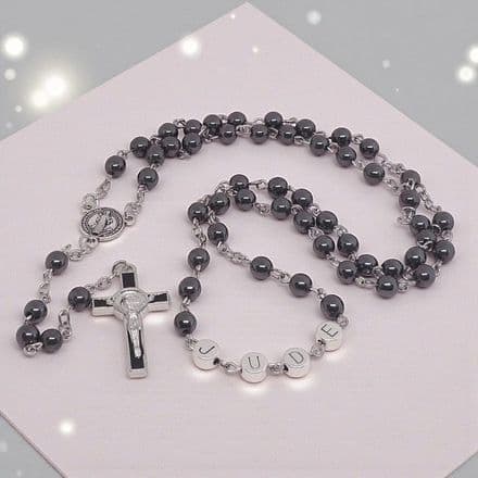 Personalised Hematite Rosary Beads with Saint Benedict Centrepiece