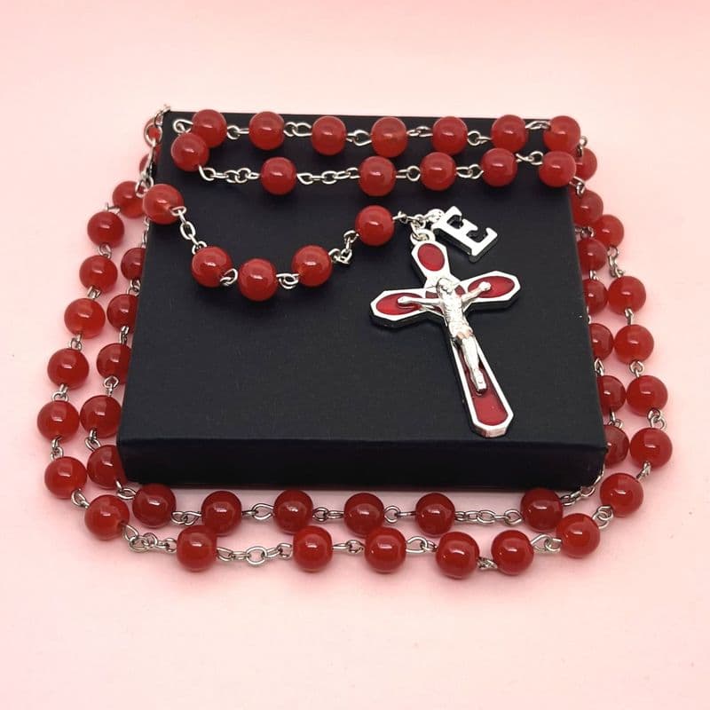 Personalised, Red Rosary Beads with Virgin Mary Centrepiece and Letter Charm | Heavens Blessings
