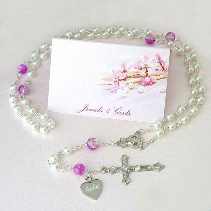 Personalised Rosaries in Pink and White, Any Engraving | Heaven's Blessings